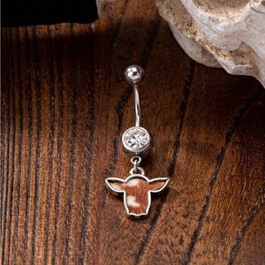 14g Silver Brown/White Cow Rhinestone Belly Ring Surgical Stainless Steel NWT